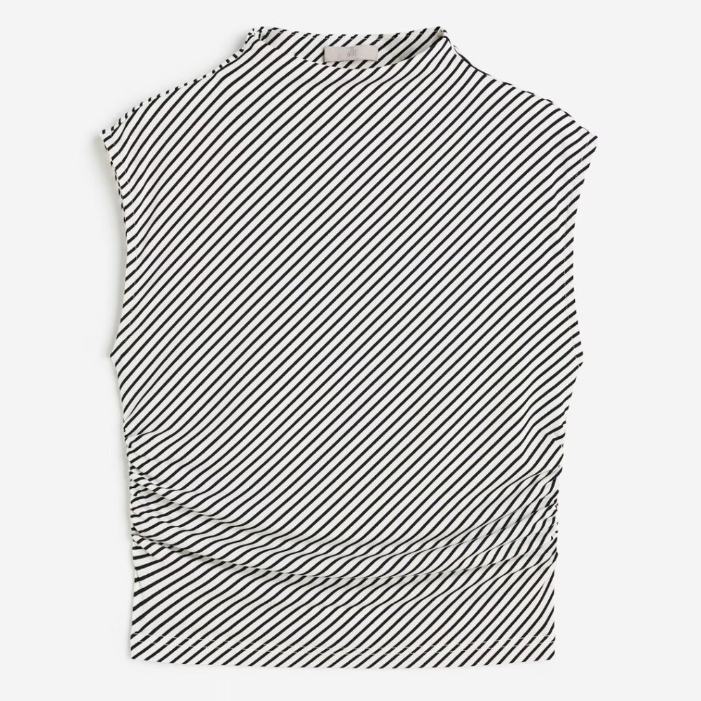 H&M Mock Neck Stripped Ruched Sleeveless Blouse